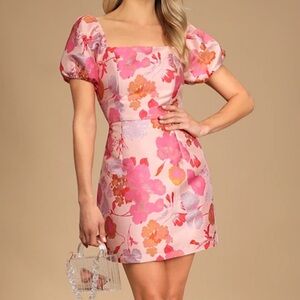 Lulus Floral Pink Puff Sleeve Dress Size small